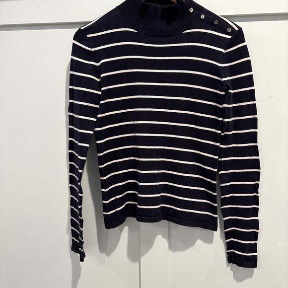 Laura Ashley Sweater Women Small Navy Striped Button Shoulder Mock Neck Nautical - Picture 1 of 11